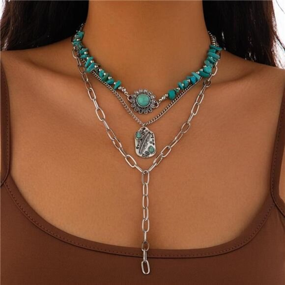 16 Pcs Western Jewelry for Women Bohemian Set, Boho Pendant Long Choker, Faux - Picture 2 of 7